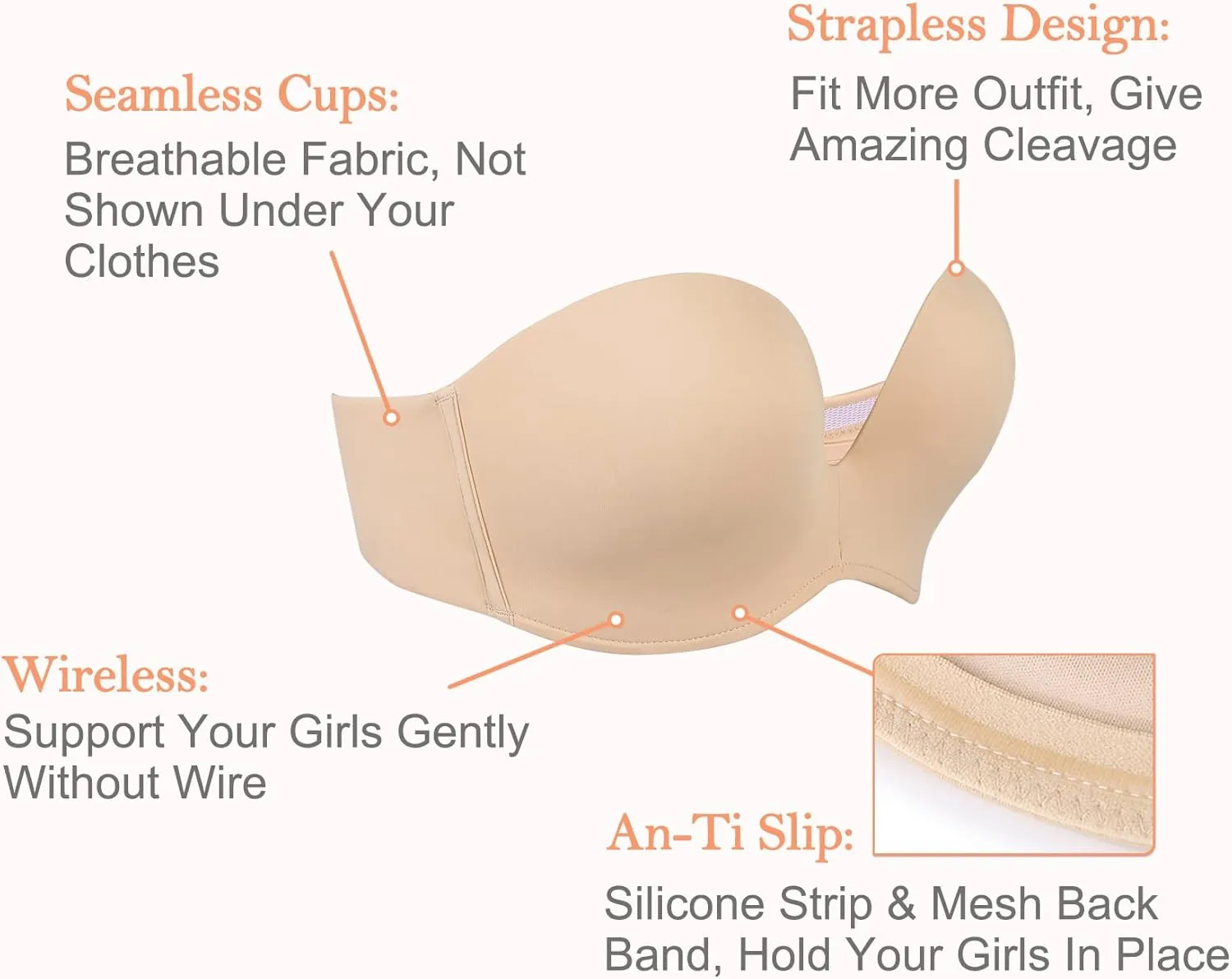 HACI Push Up Strapless Bra for Women Anti-Slip Padded Wireless Stay Put