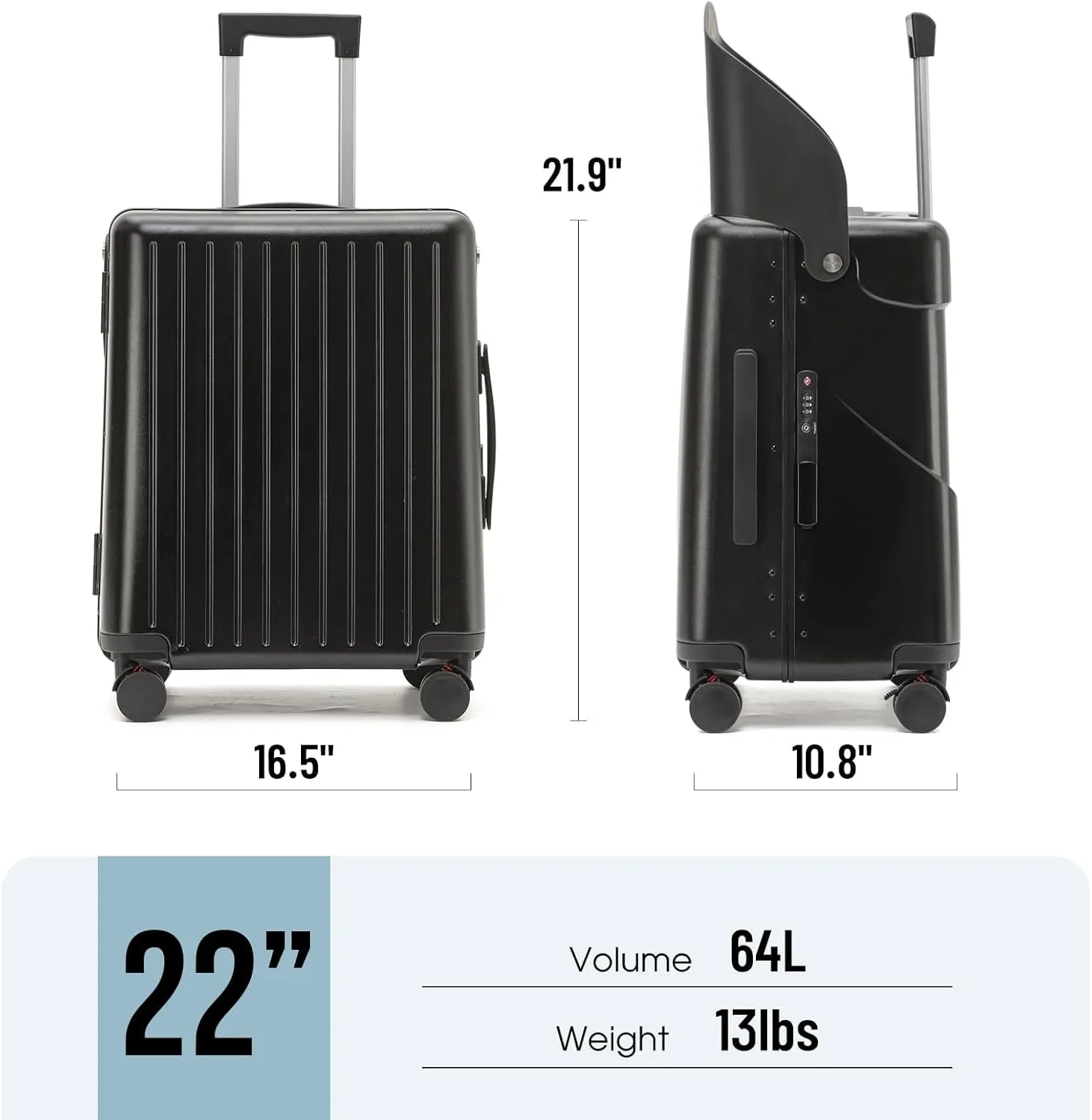 Hardside 22- Inch Luggage with Child Seat, Lockable 4- Spinner Wheels with TSA Approved Lock Travel Suitcase with Seat for Kids in 2-15 Years, Black, 22-Inch, Modern
