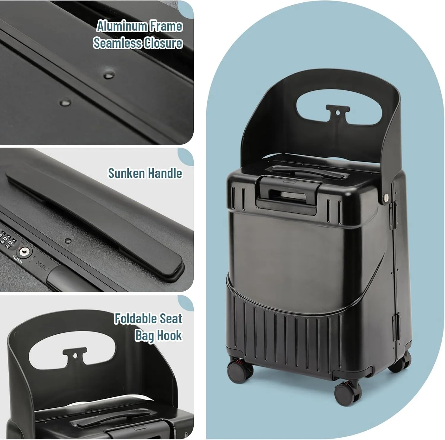 Hardside 22- Inch Luggage with Child Seat, Lockable 4- Spinner Wheels with TSA Approved Lock Travel Suitcase with Seat for Kids in 2-15 Years, Black, 22-Inch, Modern