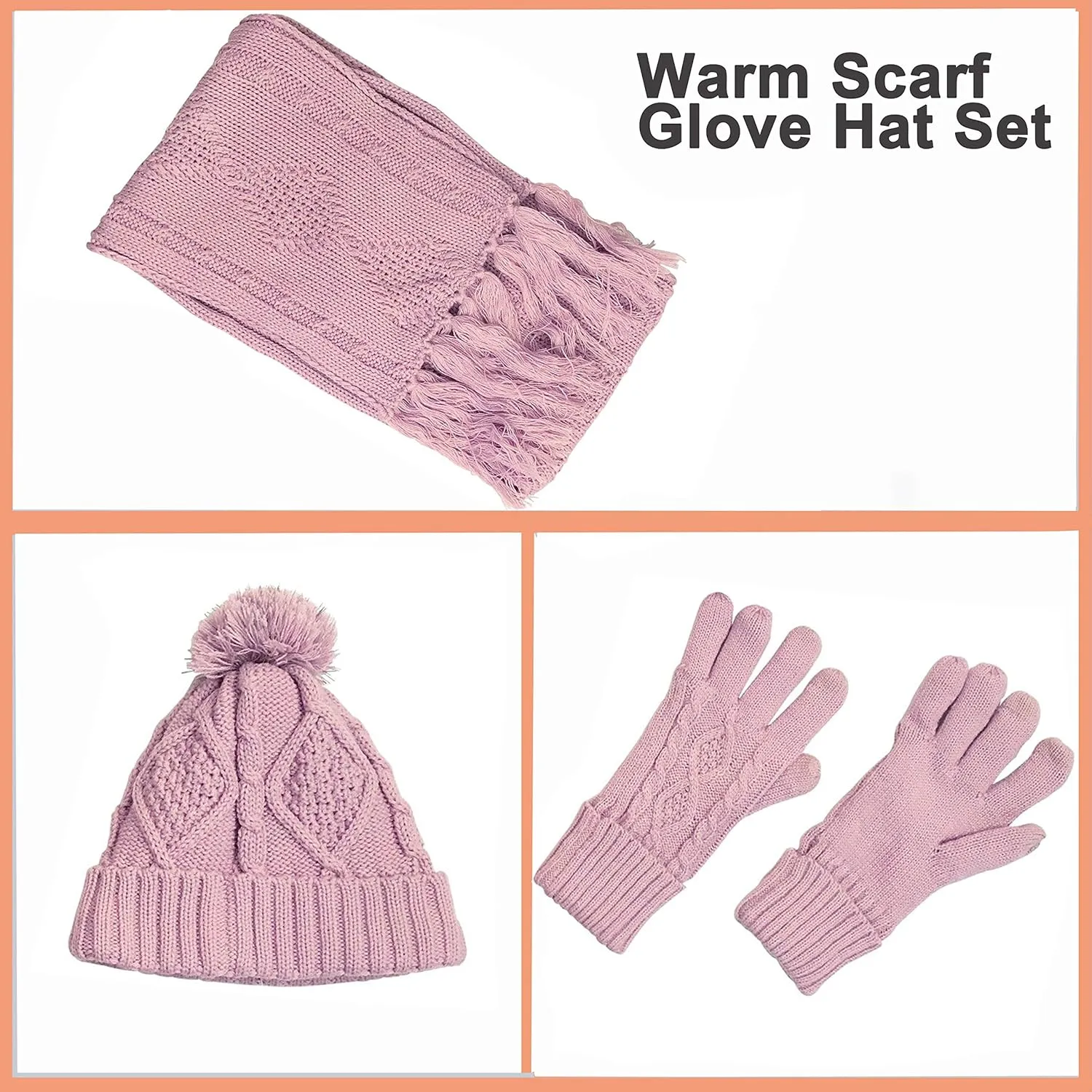 Hat Scarf and Gloves Set for Women - Cable Knit Beanie with Pom, TouchScreen Gloves, Warm Winter Gift