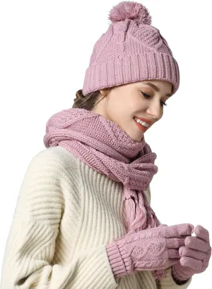 Hat Scarf and Gloves Set for Women - Cable Knit Beanie with Pom, TouchScreen Gloves, Warm Winter Gift