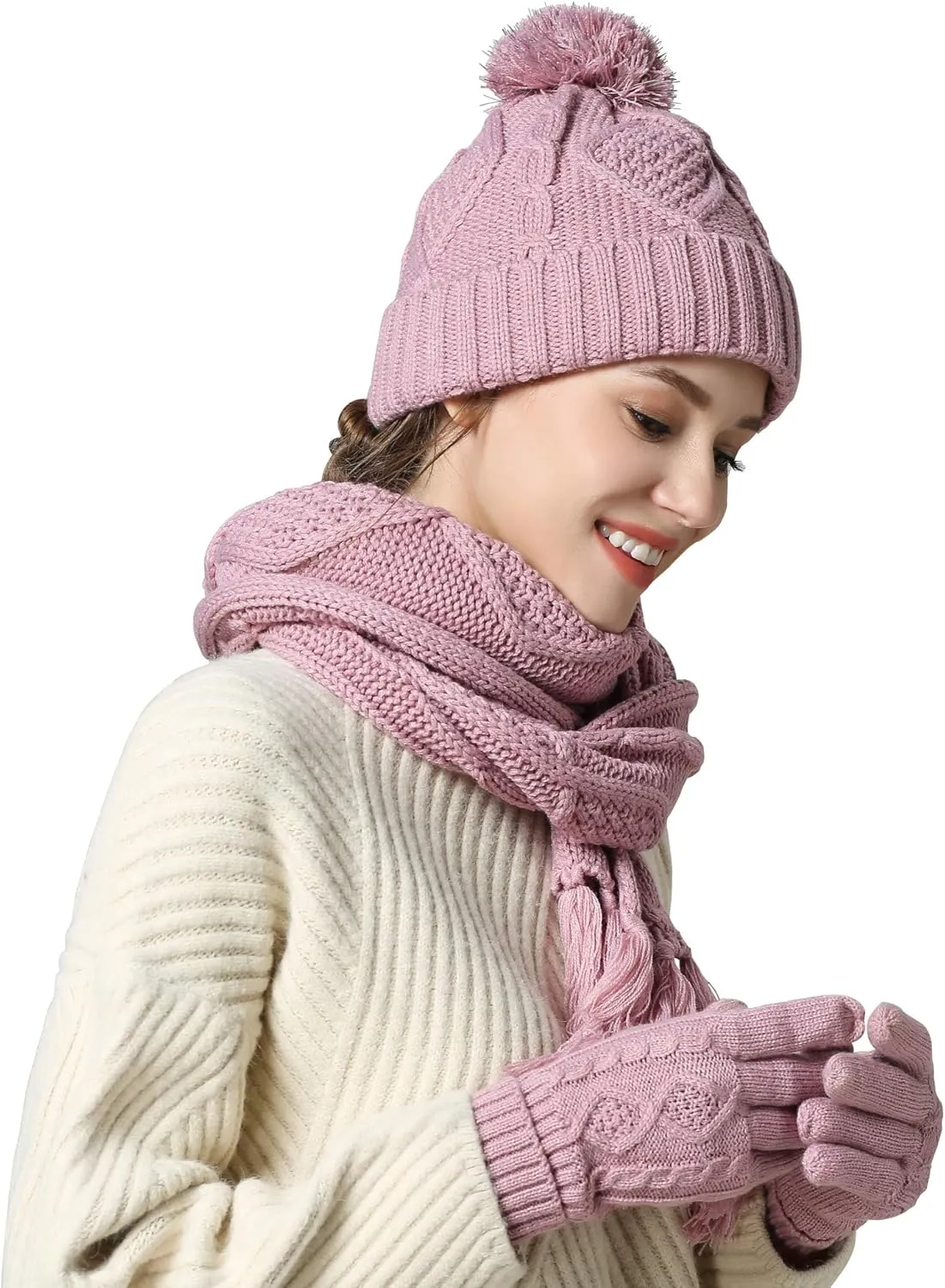 Hat Scarf and Gloves Set for Women - Cable Knit Beanie with Pom, TouchScreen Gloves, Warm Winter Gift