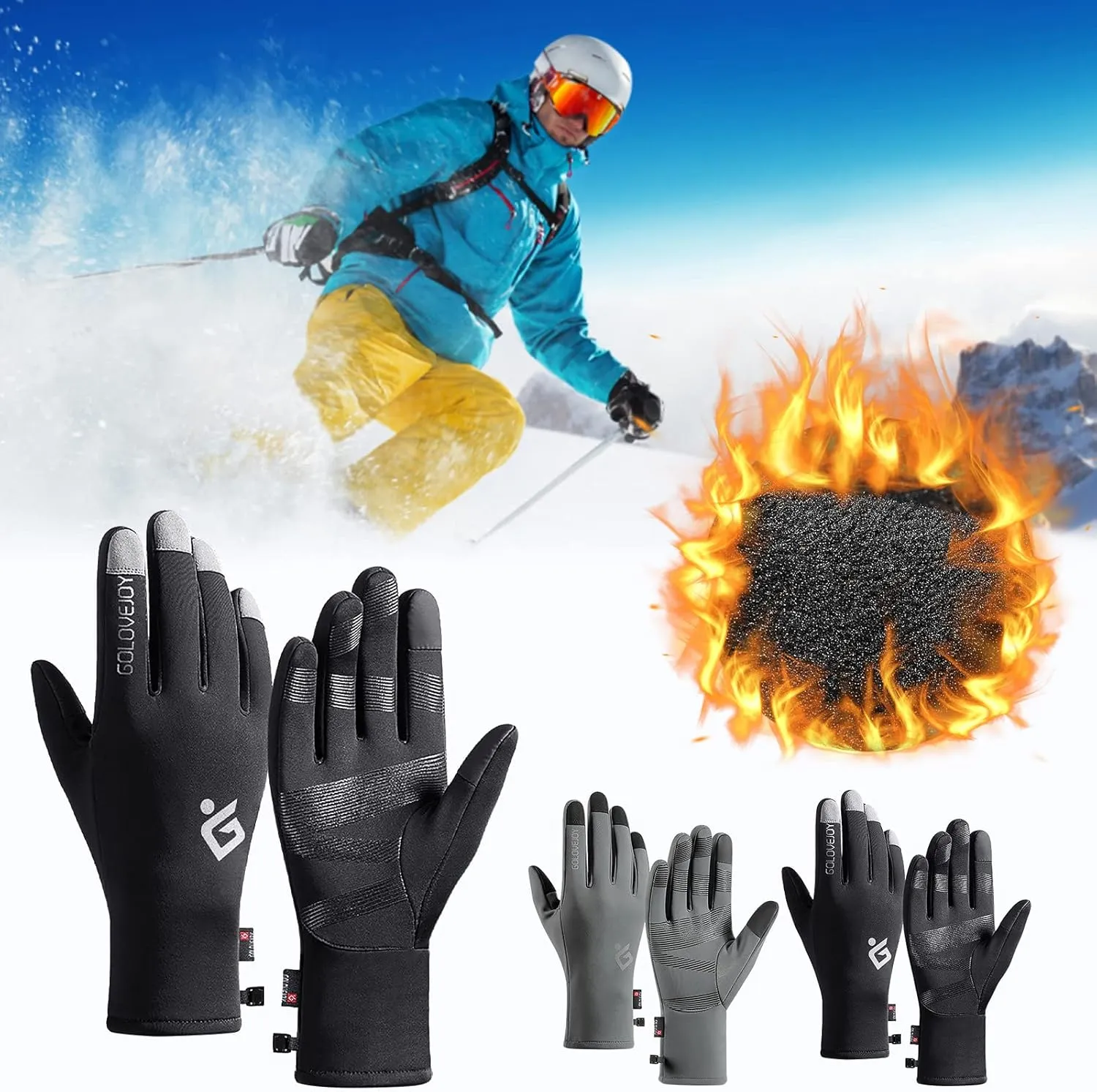 HUANLE Mens Ski Snow Gloves for Winter Waterproof Windproof Women Warm Thermal Insulation Fleece Lined Gloves Running Gloves (Black-03#A, L)