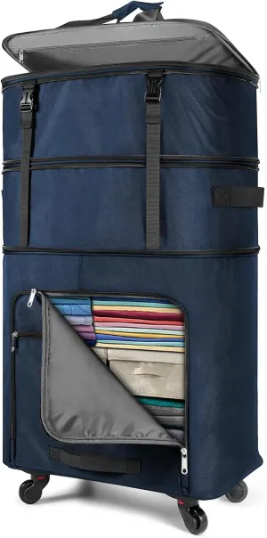 Huvon Expandable Luggage Collapsible Suitcase with Wheels Large Foldable Travel Bag Rolling Duffle Bag for Men Women, DARKBLUE, Large, Expandable Luggage With Spinner Wheels
