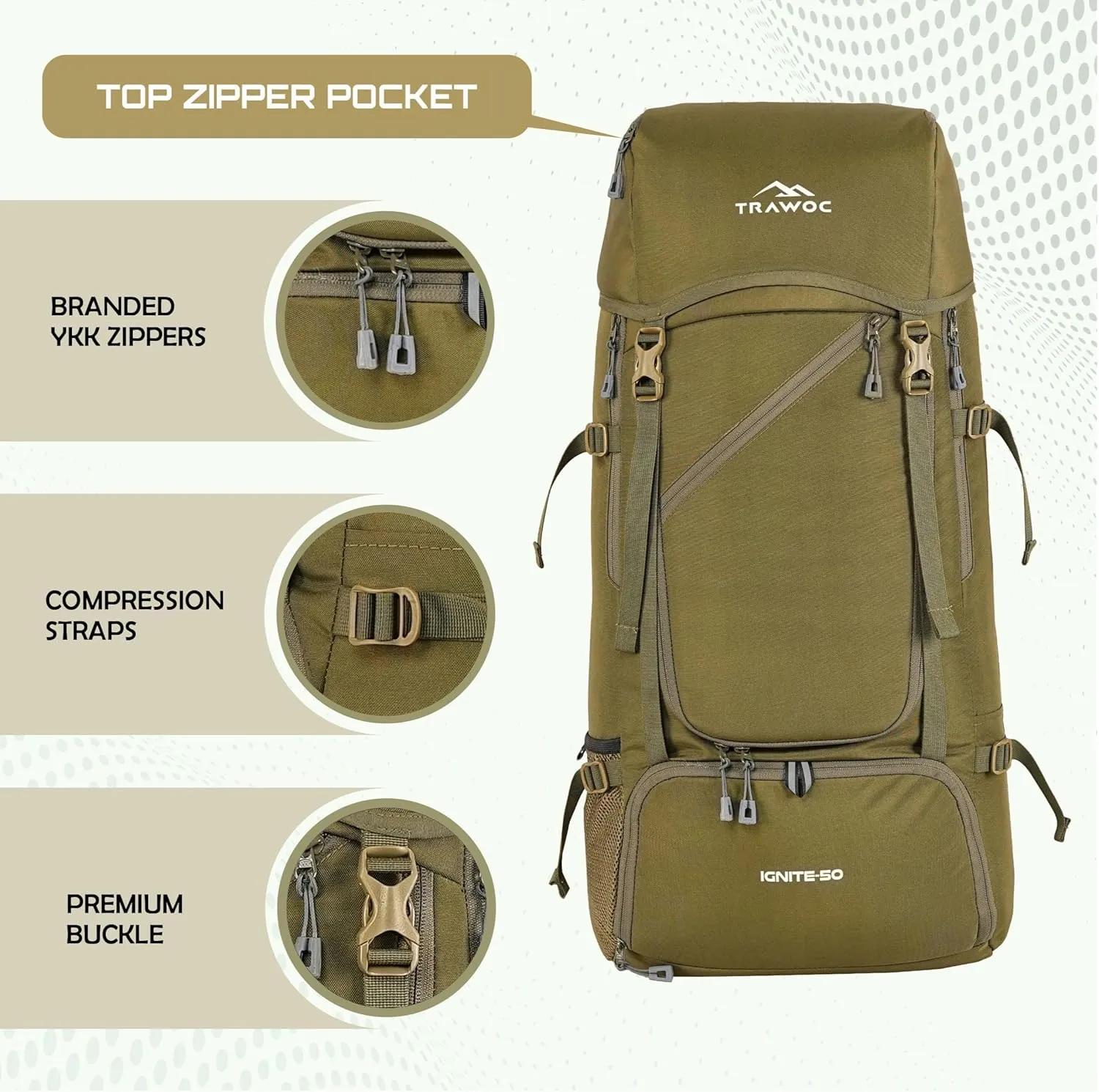 IGNITE 50 L Travel Bag Front & Top Open Backpack for Hiking Trekking Camping, Rucksack unisex, Flaxen Yellow