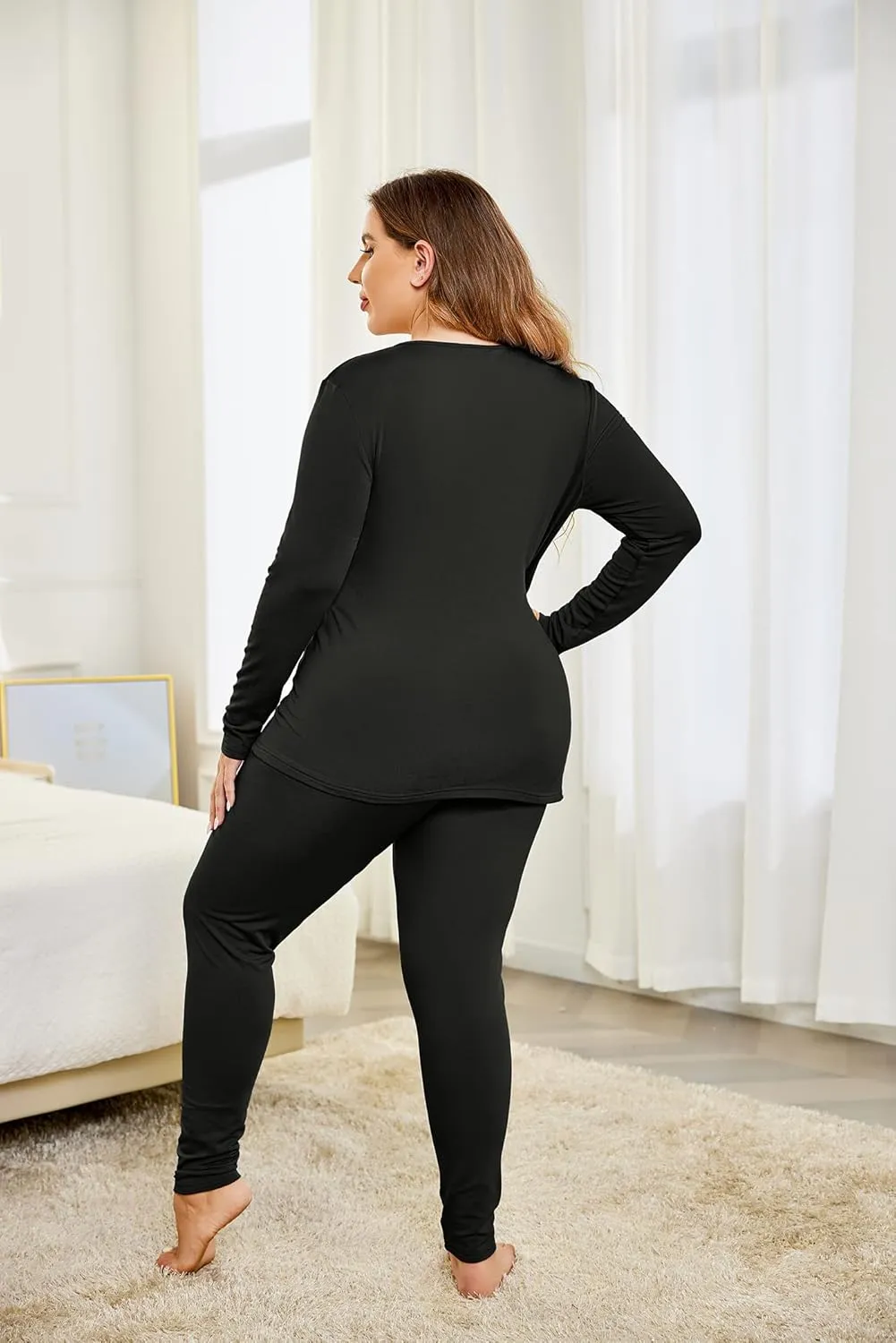 IN'VOLAND Womens Plus Size Thermal Long Johns Sets Fleece Lined 2 Pcs Underwear Top & Bottom Pajama Set