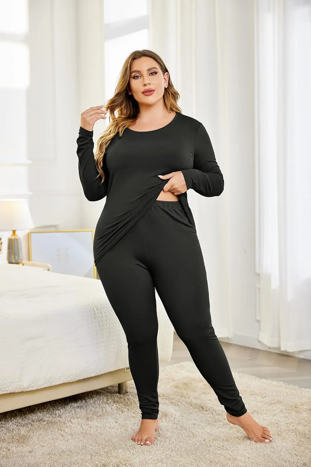 IN'VOLAND Womens Plus Size Thermal Long Johns Sets Fleece Lined 2 Pcs Underwear Top & Bottom Pajama Set