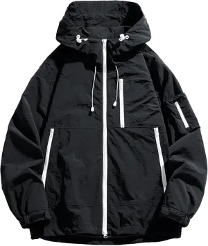 JEsilunmaMY Men's Outdoor Windproof Bomber Jacket Zip Up Lightweight Hooded Sport Jacket Waterproof Varsity Hiking Jacket