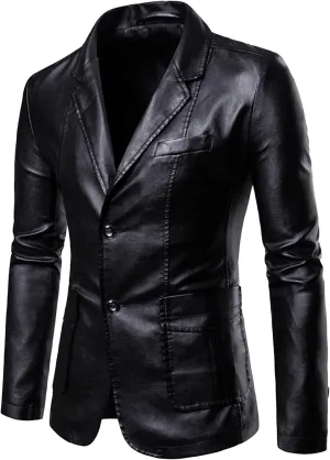 JEsilunmaMY Men's Warm Blazer Leather Jacket Notched Collar Classic Leather Blazer Business Casual Suit Coat with Pockets