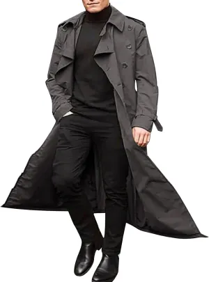JOFOW Mens Trench Coat Notched Lapel Long Jacket men's peacoat Button Down Windbreakers