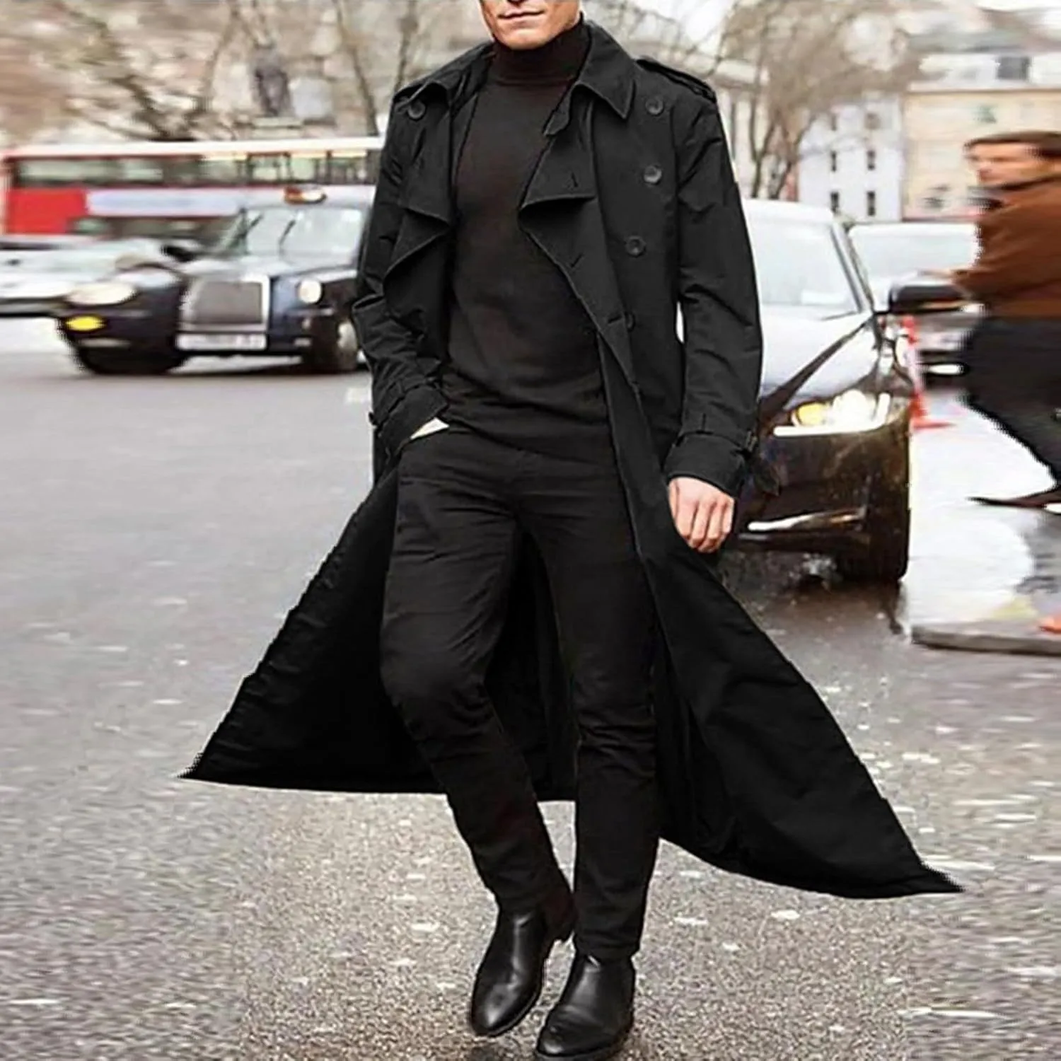 JOFOW Mens Trench Coat Notched Lapel Long Jacket men's peacoat Button Down Windbreakers