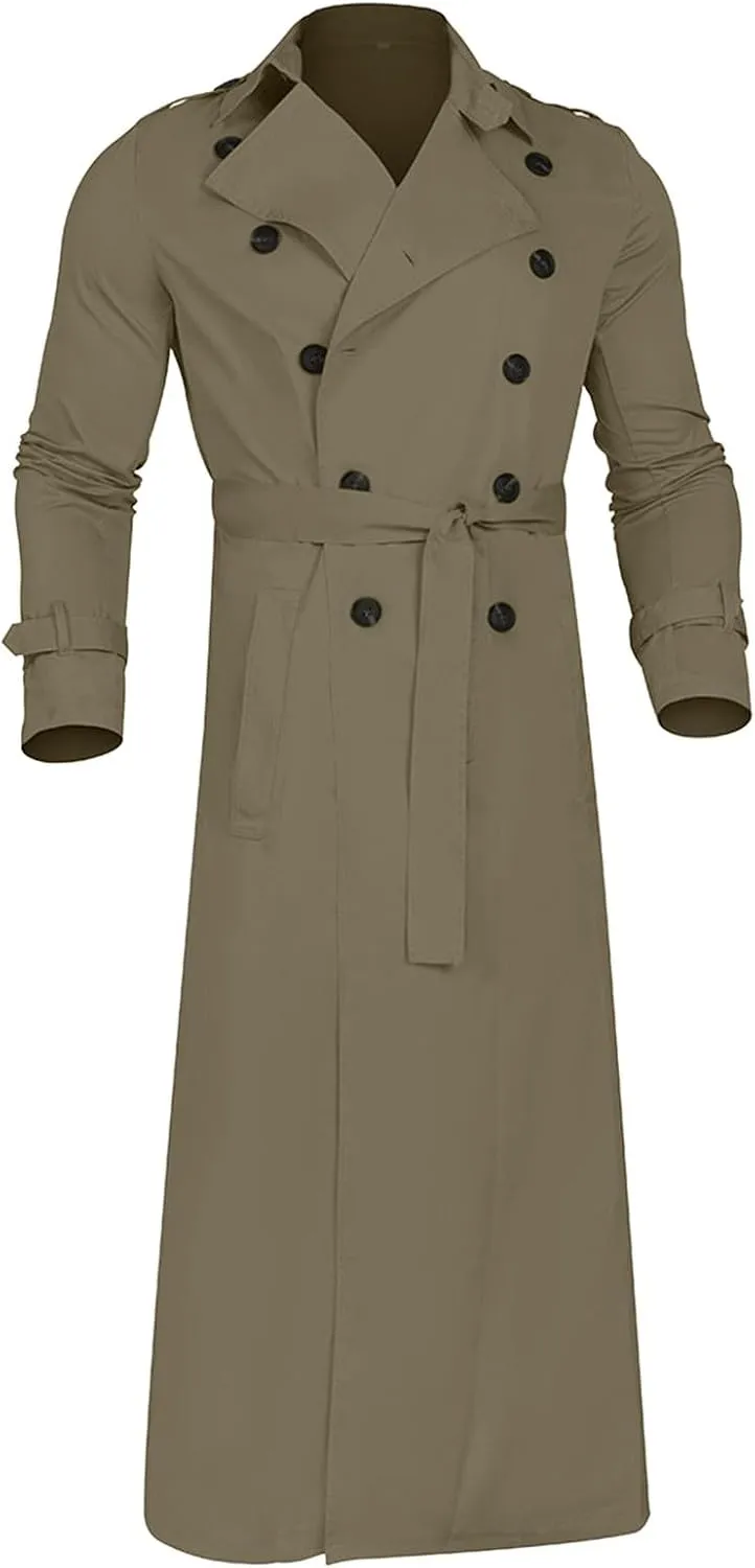 JOFOW Mens Trench Coat Notched Lapel Long Jacket men's peacoat Button Down Windbreakers