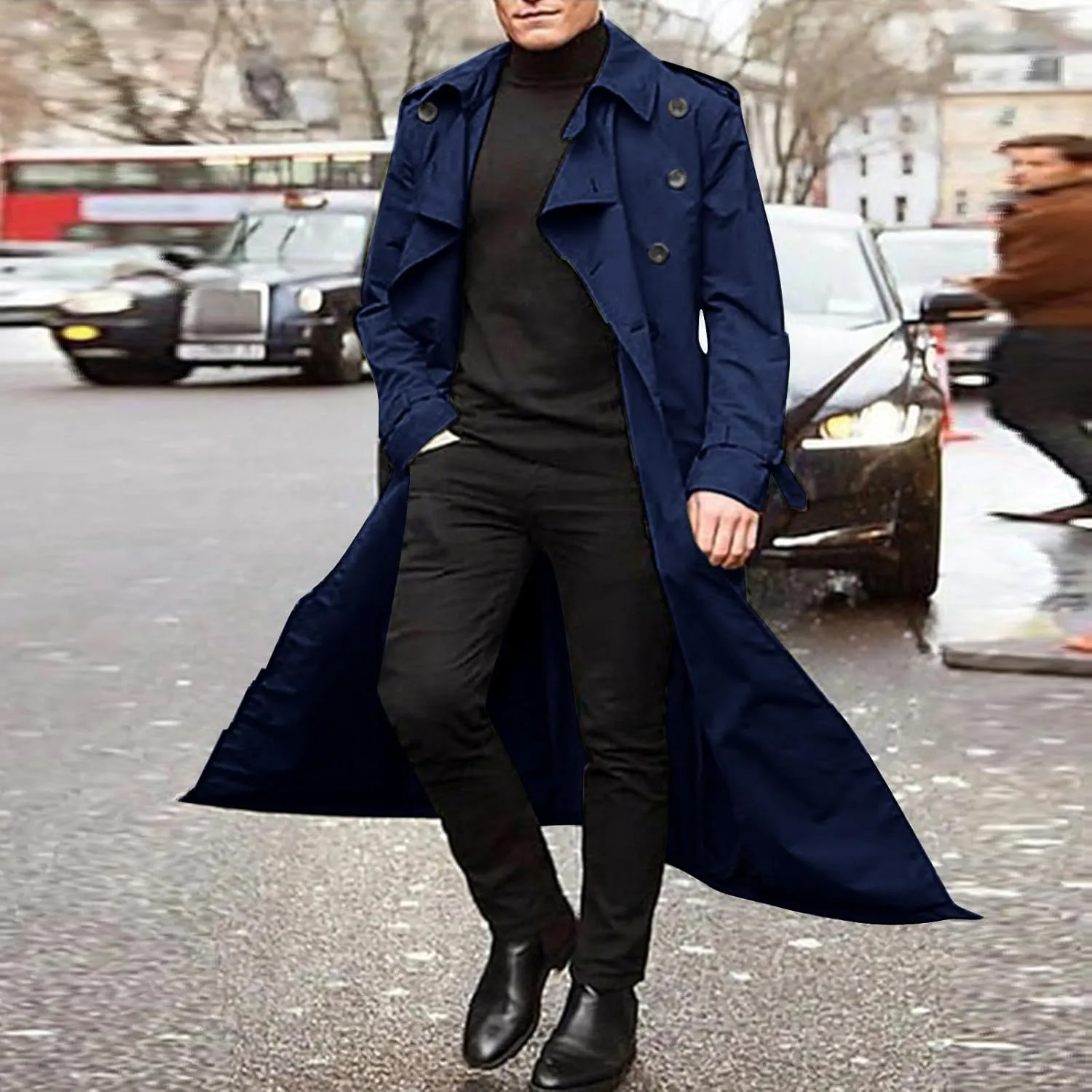 JOFOW Mens Trench Coat Notched Lapel Long Jacket men's peacoat Button Down Windbreakers