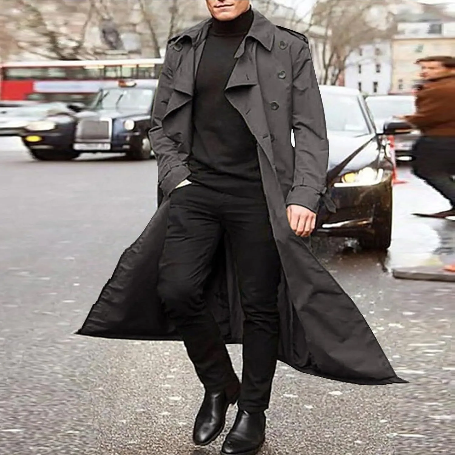 JOFOW Mens Trench Coat Notched Lapel Long Jacket men's peacoat Button Down Windbreakers