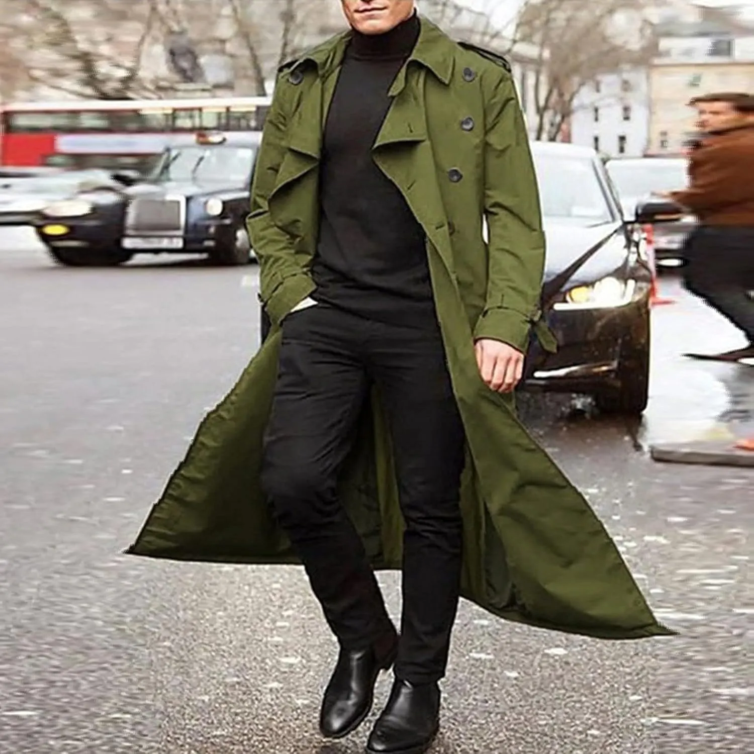 JOFOW Mens Trench Coat Notched Lapel Long Jacket men's peacoat Button Down Windbreakers