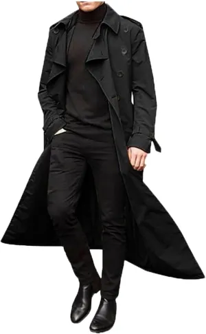 JOFOW Mens Trench Coat Notched Lapel Long Jacket men's peacoat Button Down Windbreakers