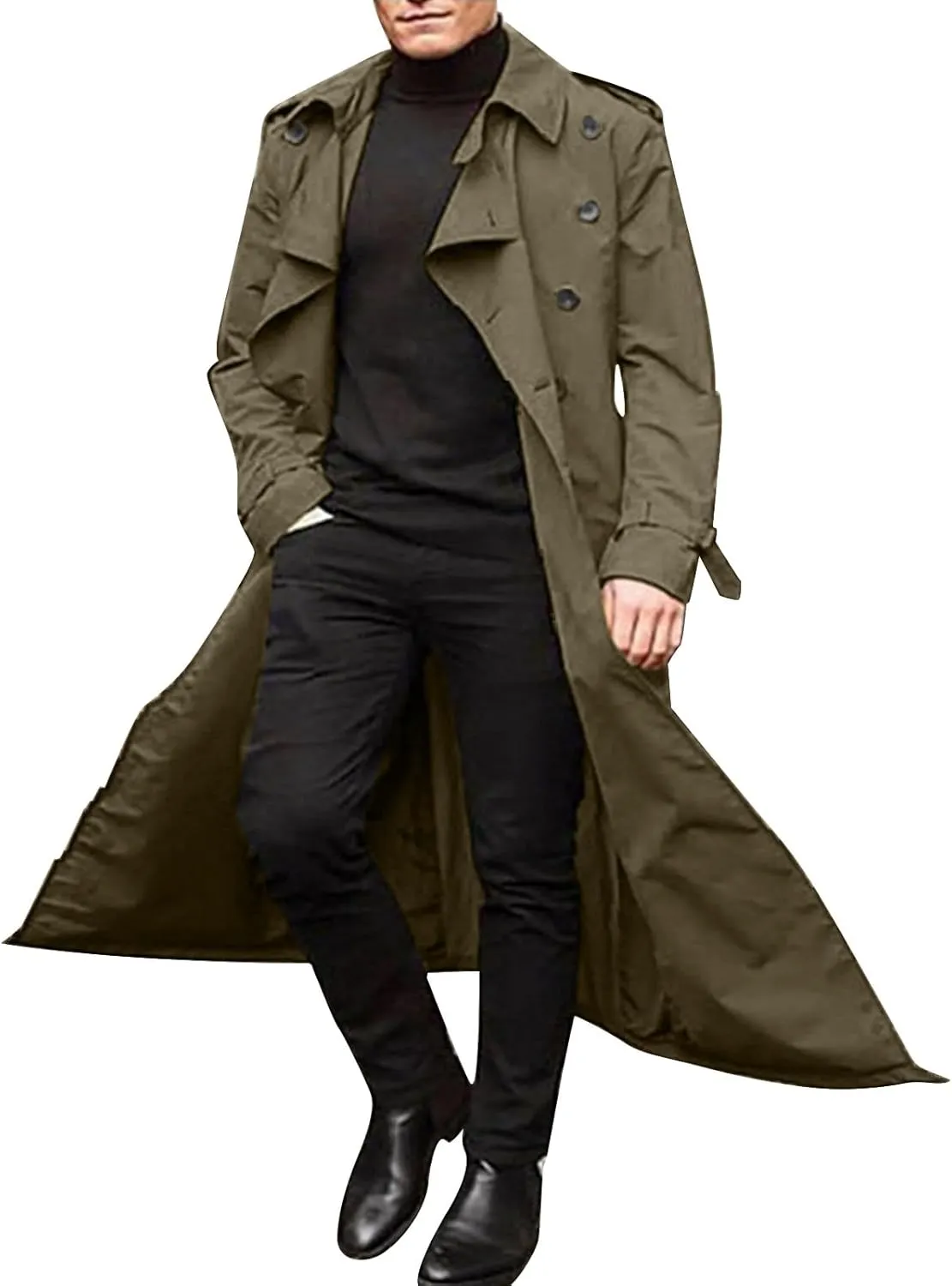JOFOW Mens Trench Coat Notched Lapel Long Jacket men's peacoat Button Down Windbreakers