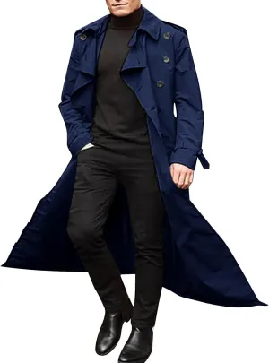 JOFOW Mens Trench Coat Notched Lapel Long Jacket men's peacoat Button Down Windbreakers