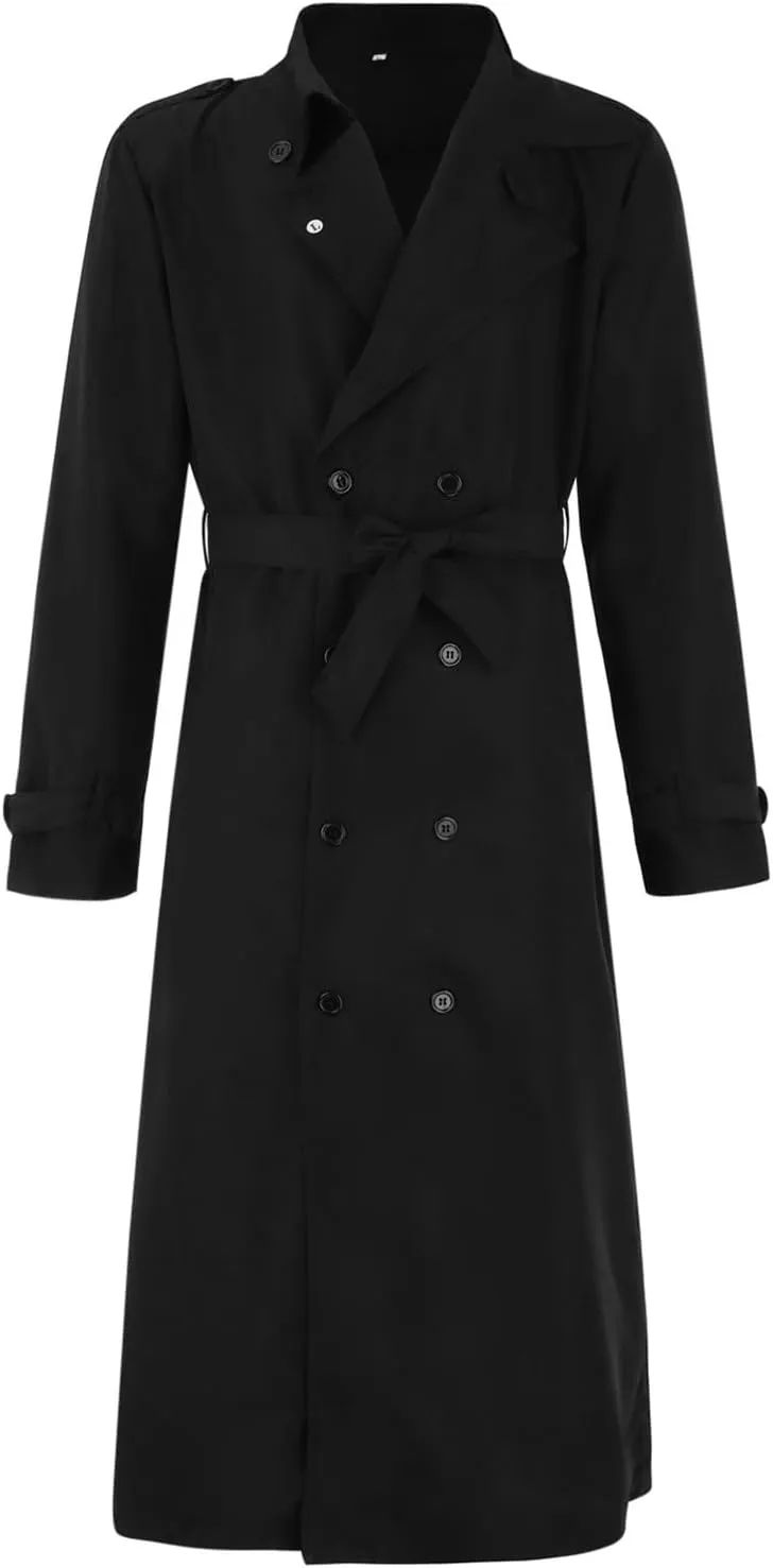 JOFOW Mens Trench Coat Notched Lapel Long Jacket men's peacoat Button Down Windbreakers