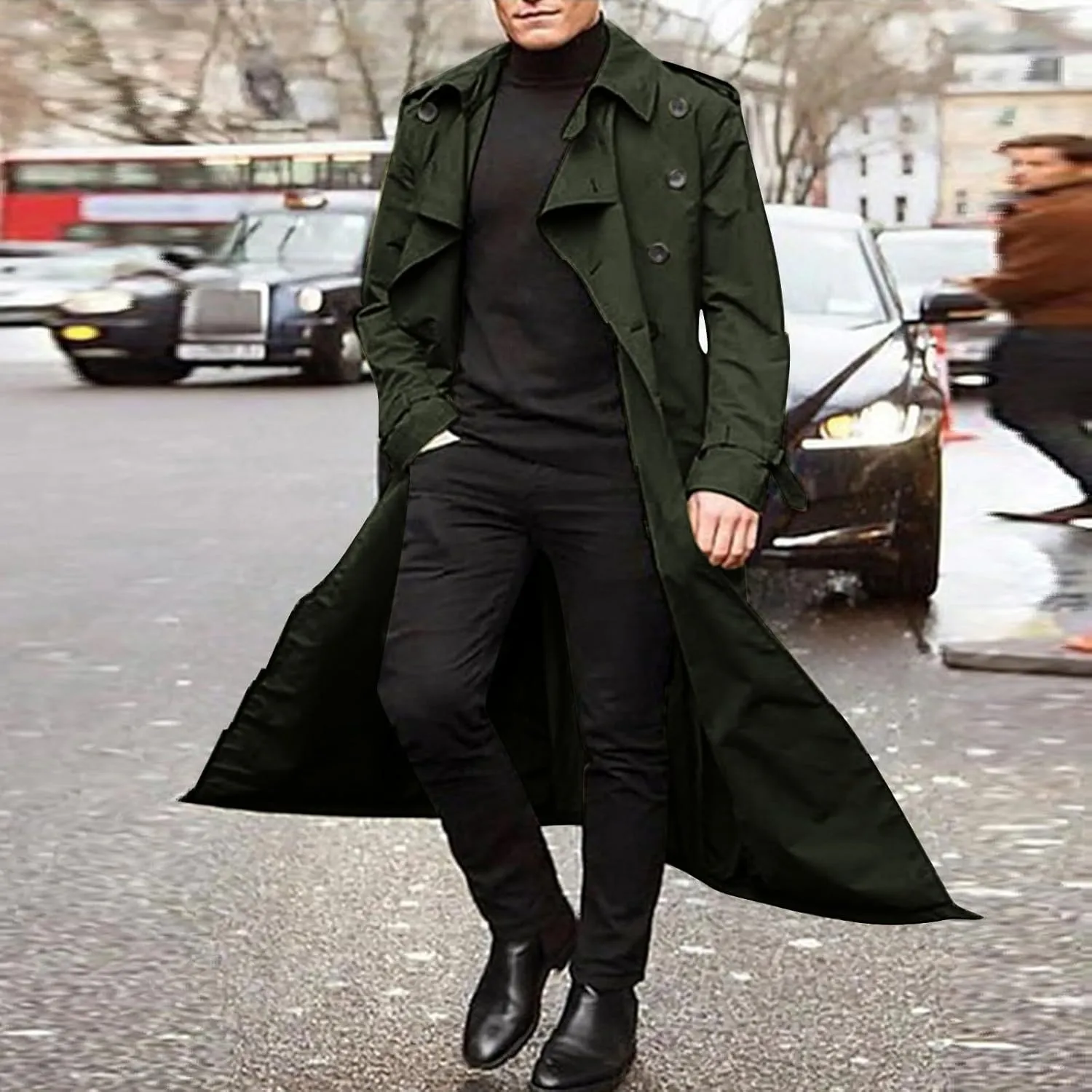 JOFOW Mens Trench Coat Notched Lapel Long Jacket men's peacoat Button Down Windbreakers