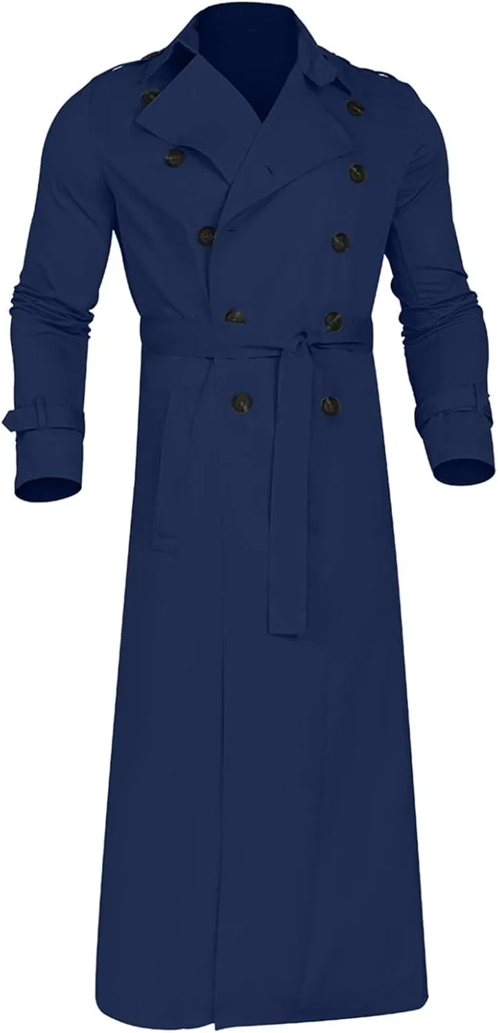 JOFOW Mens Trench Coat Notched Lapel Long Jacket men's peacoat Button Down Windbreakers