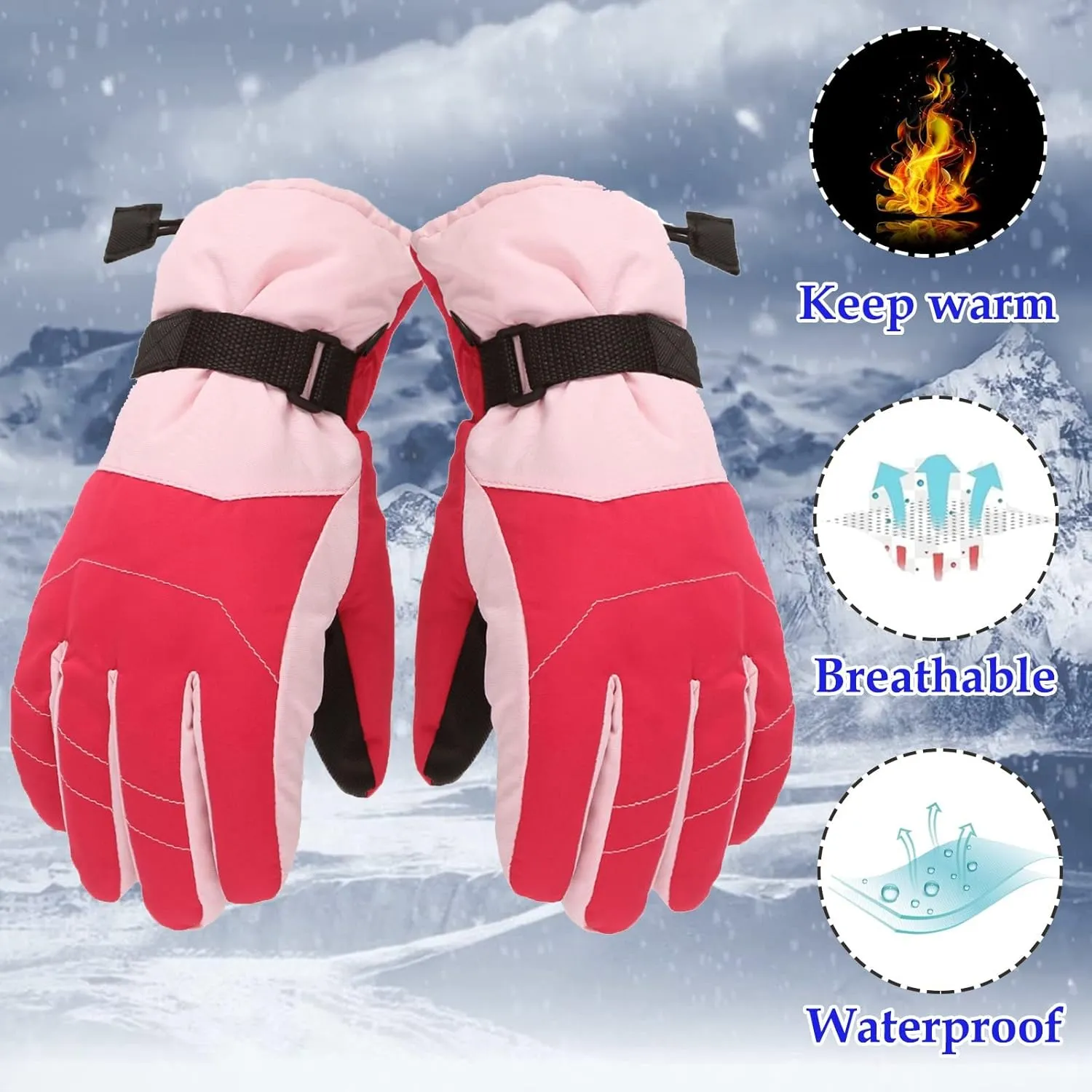 Kids Ski Gloves, Fashion aterproof Winter Snow Gloves Touchscreen Warm Snowboard Skiing Insulated Cycling Gloves