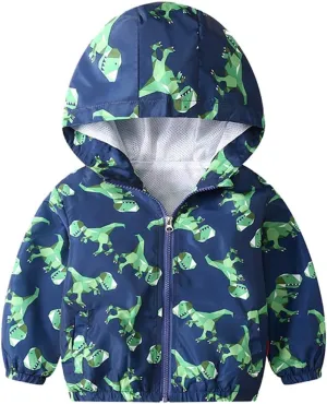 KISBINI Toddler Boy's Cartoon Dinosaur Zip Jacket Lightweight Hooded Windbreakers Outdoor Raincoat