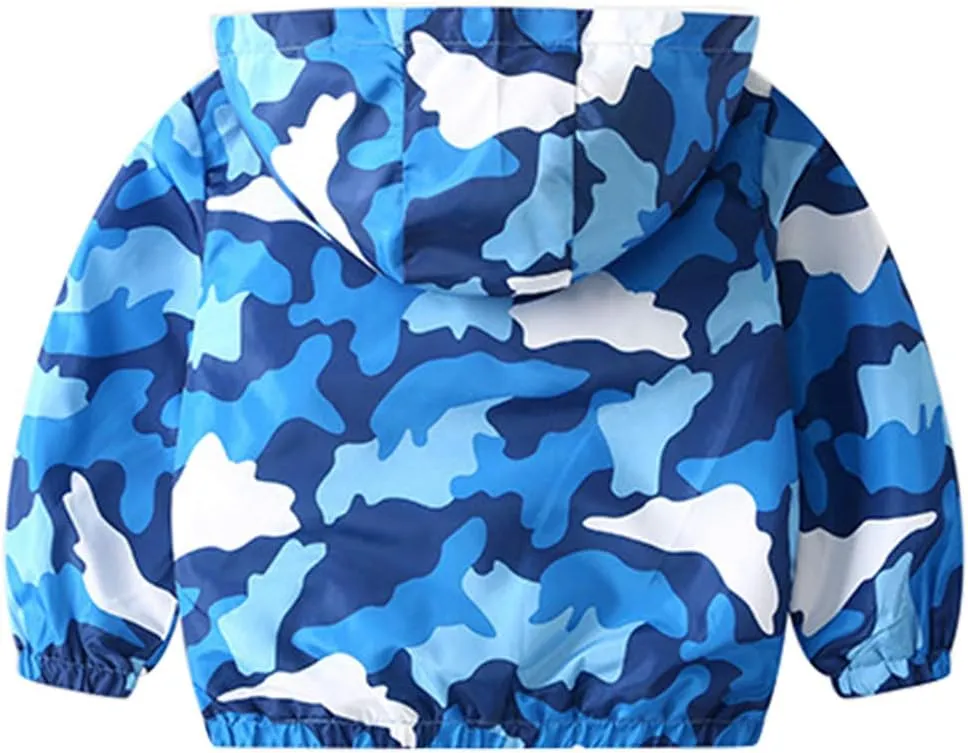 KISBINI Toddler Boy's Cartoon Dinosaur Zip Jacket Lightweight Hooded Windbreakers Outdoor Raincoat