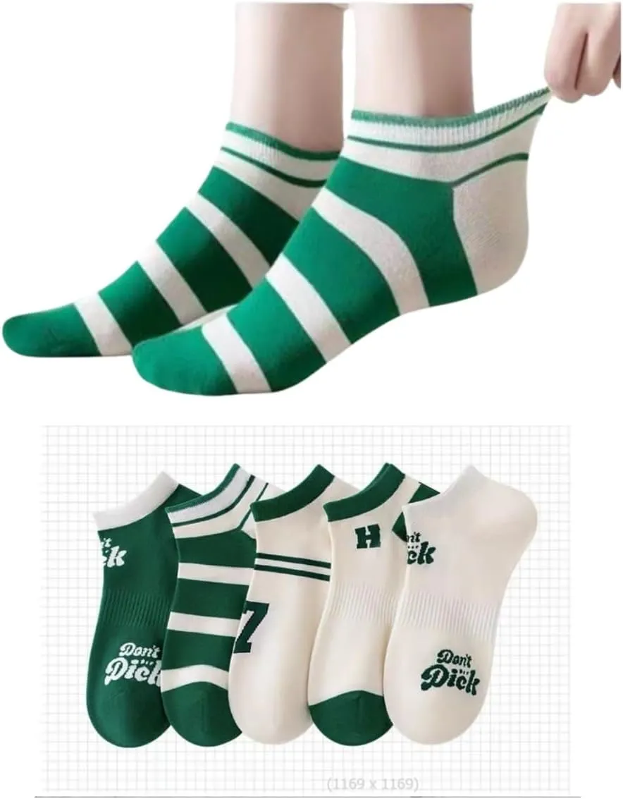 Ladies' Green Tone Spring Breathable Thin Waistband Footsies Women's Short Socks Striped Ankle Sock with 1 Pack of 5 Pairs