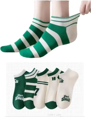 Ladies' Green Tone Spring Breathable Thin Waistband Footsies Women's Short Socks Striped Ankle Sock with 1 Pack of 5 Pairs