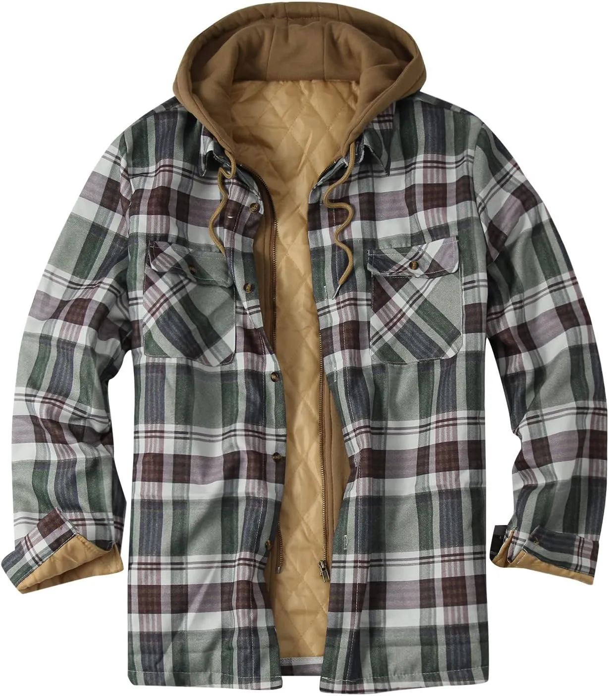 LCMTWX Men's Flannel Jackets Winter Retro Print Hooded Zipper Pocket Long Sleeve Shirt Patchwork Lightweight Shirt Heavy