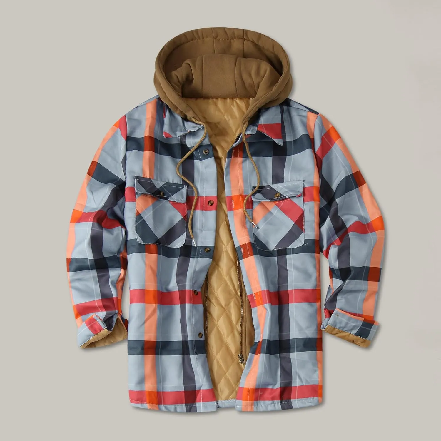 LCMTWX Men's Plaid Hooded Shirts Print Hooded Zipper Pocket Long Sleeve Shirt Patchwork Jacket Casual Loose Thickened