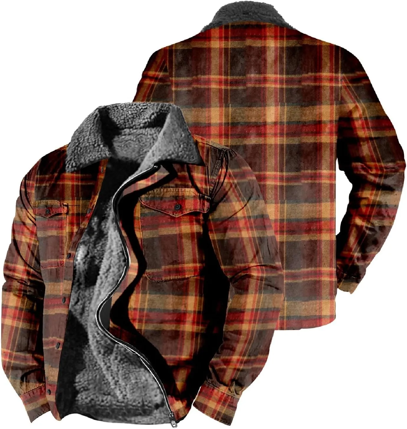 LCMTWX Men's Plaid Hooded Shirts Print Hooded Zipper Pocket Long Sleeve Shirt Patchwork Jacket Casual Loose Thickened
