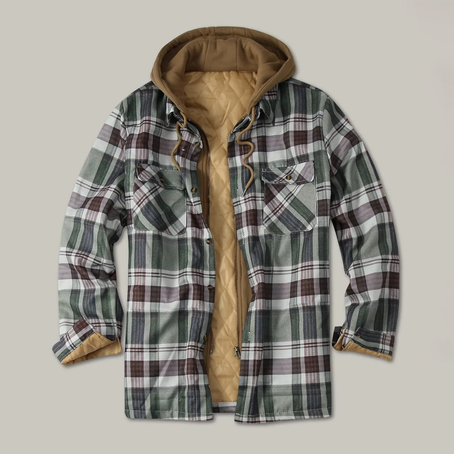 LCMTWX Men's Plaid Hooded Shirts Print Hooded Zipper Pocket Long Sleeve Shirt Patchwork Jacket Casual Loose Thickened