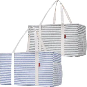 LHZK 2-Pack Standing Extra Large Utility Tote Bag with Metal Wire Frame and the Sides Rinforced, Large Collapsible Canvas Utility Tote (Blue/Gray)