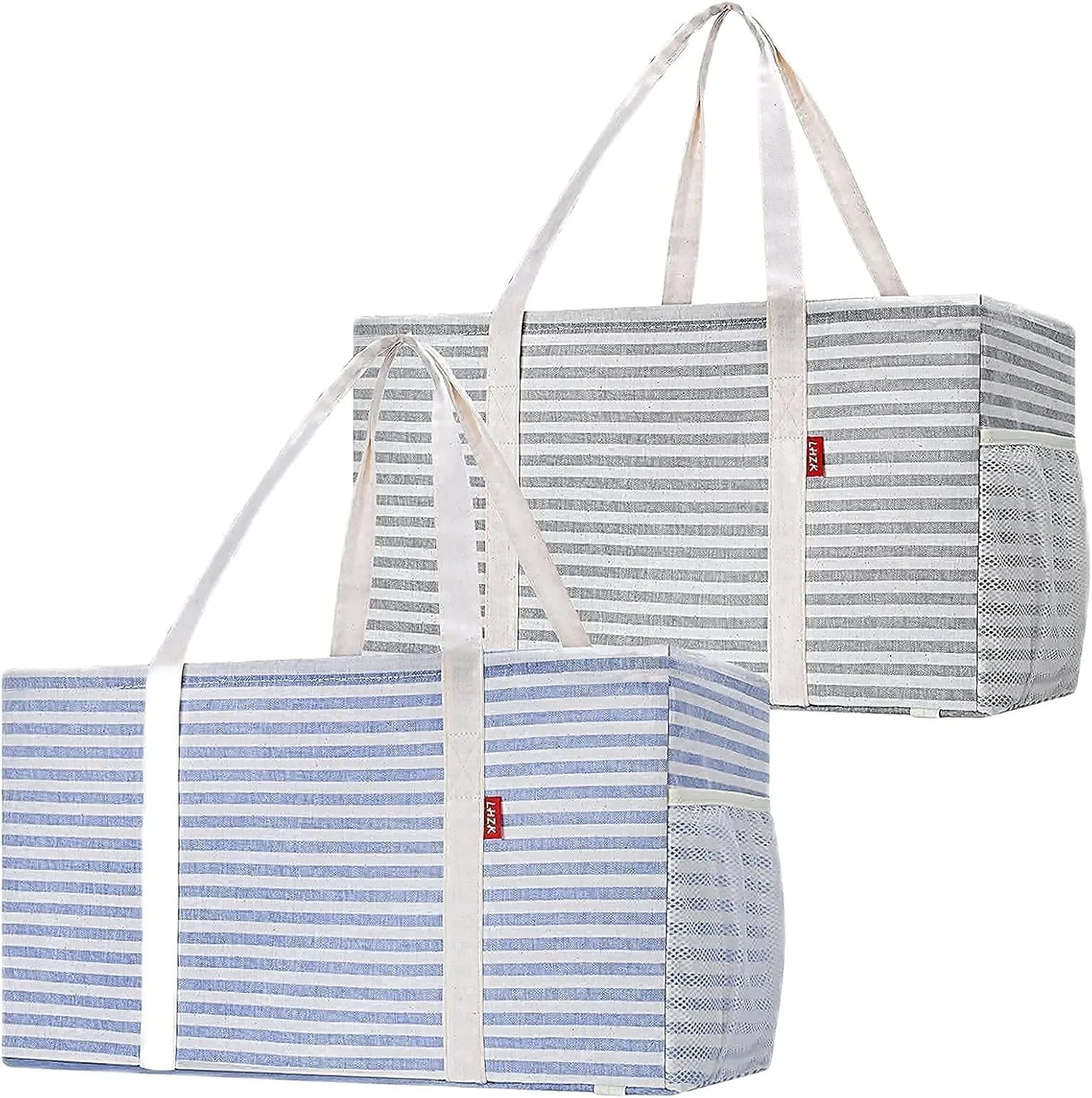 LHZK 2-Pack Standing Extra Large Utility Tote Bag with Metal Wire Frame and the Sides Rinforced, Large Collapsible Canvas Utility Tote (Blue/Gray)