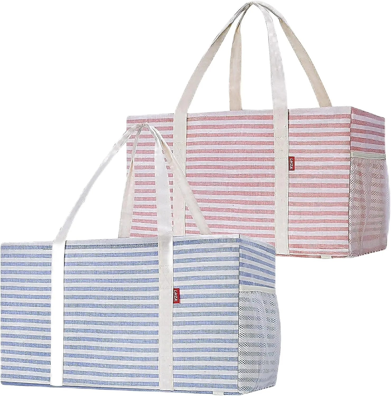 LHZK 2-Pack Standing Extra Large Utility Tote Bag with Metal Wire Frame and the Sides Rinforced, Large Collapsible Canvas Utility Tote (Blue/Pink)