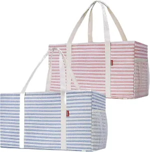 LHZK 2-Pack Standing Extra Large Utility Tote Bag with Metal Wire Frame and the Sides Rinforced, Large Collapsible Canvas Utility Tote (Blue/Pink)