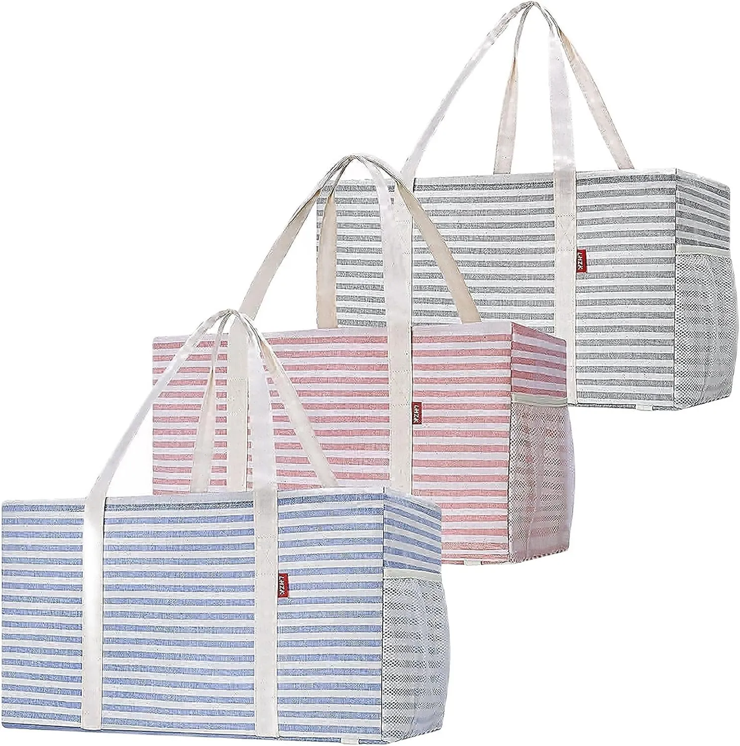 LHZK 3-Pack Standing Extra Large Utility Tote Bag with Metal Wire Frame and the Sides Rinforced, Large Collapsible Canvas Utility Tote (Gray/Pink/Blue)