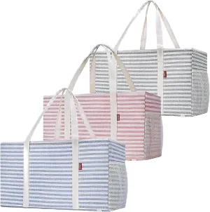 LHZK 3-Pack Standing Extra Large Utility Tote Bag with Metal Wire Frame and the Sides Rinforced, Large Collapsible Canvas Utility Tote (Gray/Pink/Blue)