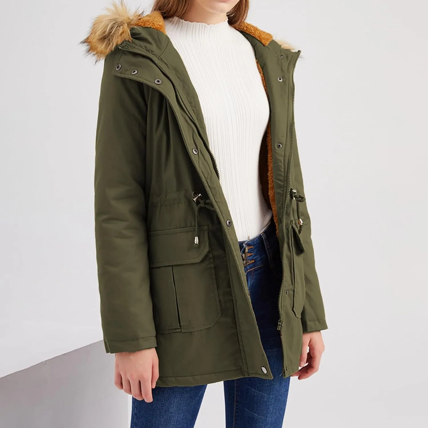 Lightweight Quilted Padded Fleece Lined Coats Ladies Padded Thermal Overcoat with Faux Hooded Windproof Warm Puffy