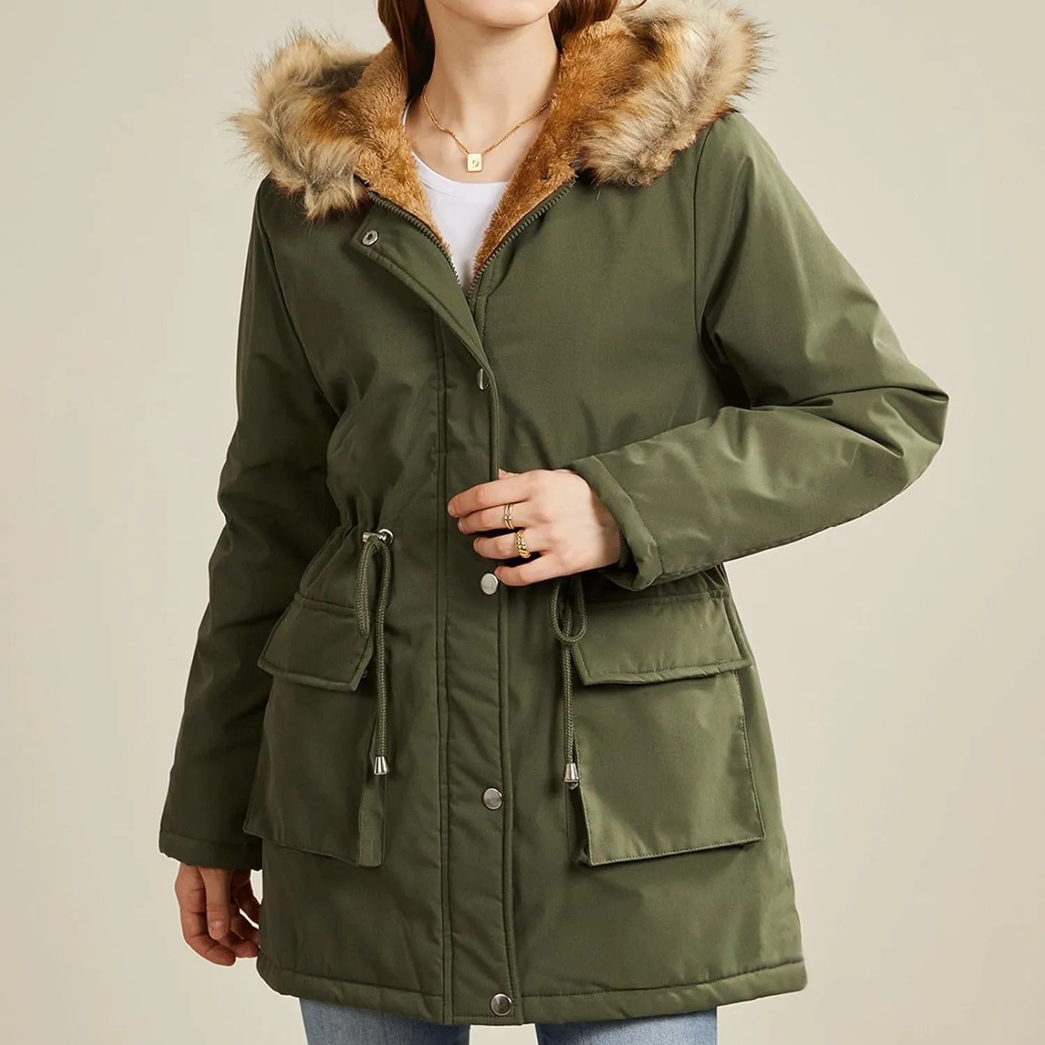 Lightweight Quilted Padded Fleece Lined Coats Ladies Padded Thermal Overcoat with Faux Hooded Windproof Warm Puffy