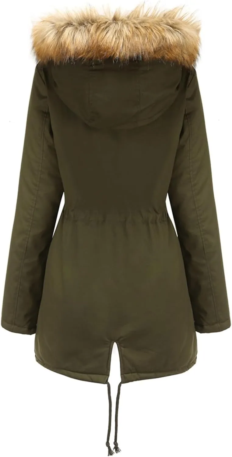 Lightweight Quilted Padded Fleece Lined Coats Ladies Padded Thermal Overcoat with Faux Hooded Windproof Warm Puffy