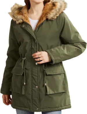 Lightweight Quilted Padded Fleece Lined Coats Ladies Padded Thermal Overcoat with Faux Hooded Windproof Warm Puffy