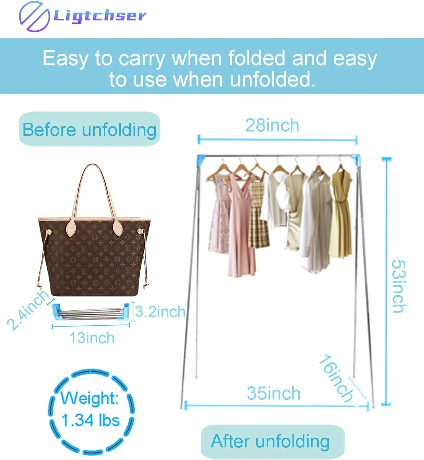 Ligtchser Portable Travel Garment Rack,Folding Clothes Rack for Dance,Travel,Camping, Drying,RV, Indoor,Outdoor. A Collapsible Mini Clothing Rack   6 Storage Bags.