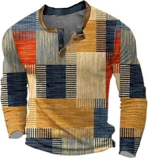 Long Sleeve Henley Shirts for Men Casual 1/4 Button Plaid Printed Color Block Distressed Vintage Sweatshirts Plus Size Tops