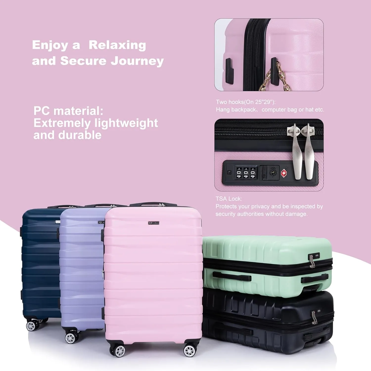Luggage Sets 3 Piece with Double Spinner Wheels,PC Hardside Suitcase Sets with Expandable, Carry On Luggage Set with Travel Duffle Bag for Women and Men