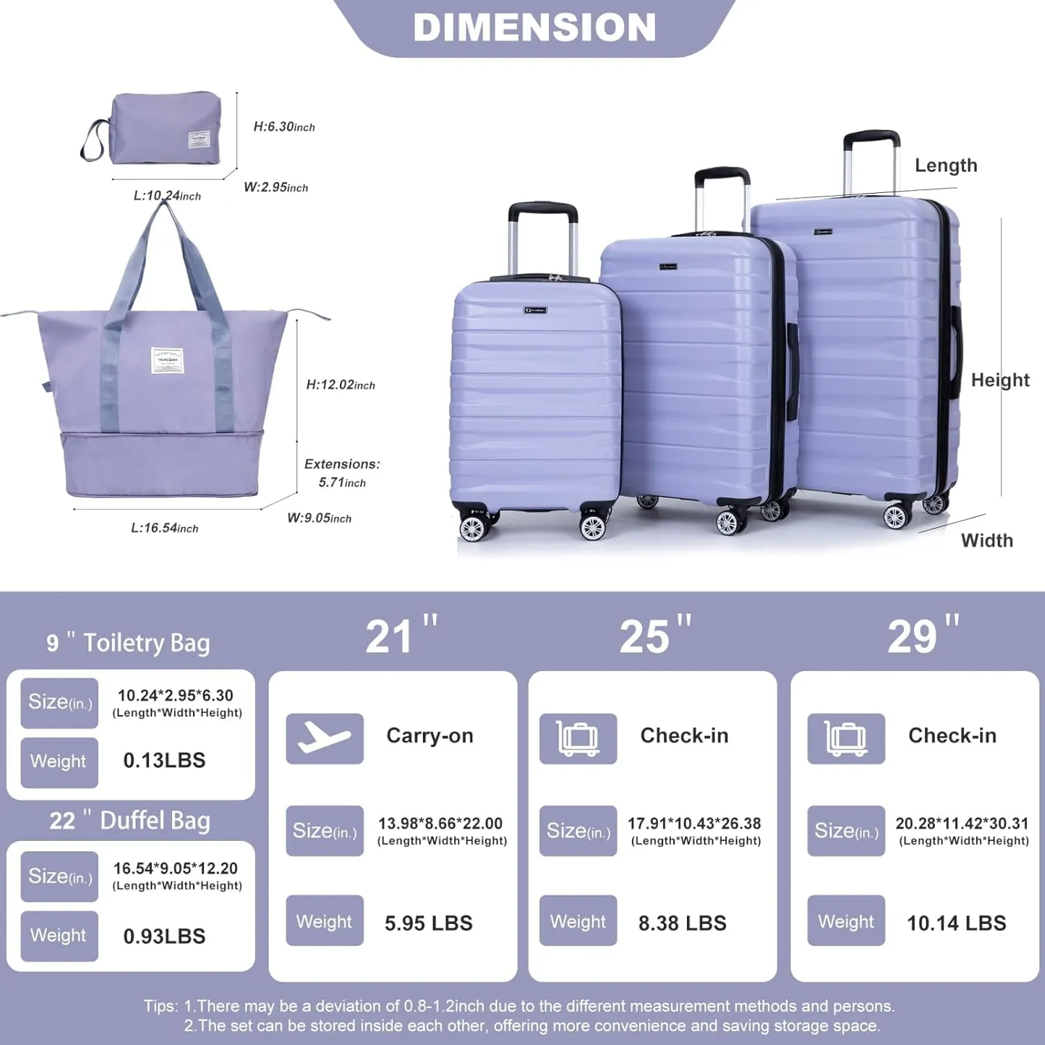 Luggage Sets 3 Piece with Double Spinner Wheels,PC Hardside Suitcase Sets with Expandable, Carry On Luggage Set with Travel Duffle Bag for Women and Men