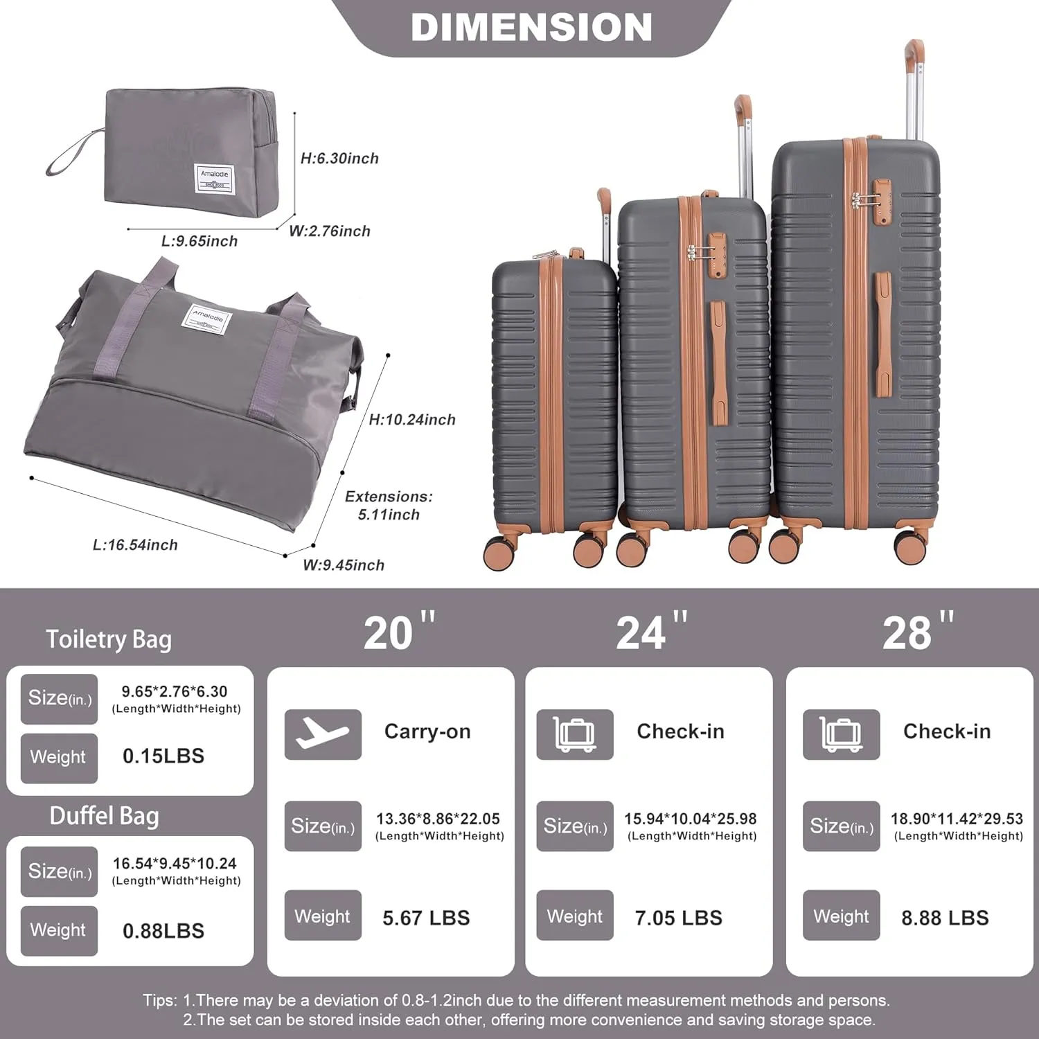 Luggage Sets 3 Piece,Suitcases with Double Spinner Wheels and TSA Lock,Hardcase 3 set Luggage with Travel Duffle Bag,Carry On Luggage Set