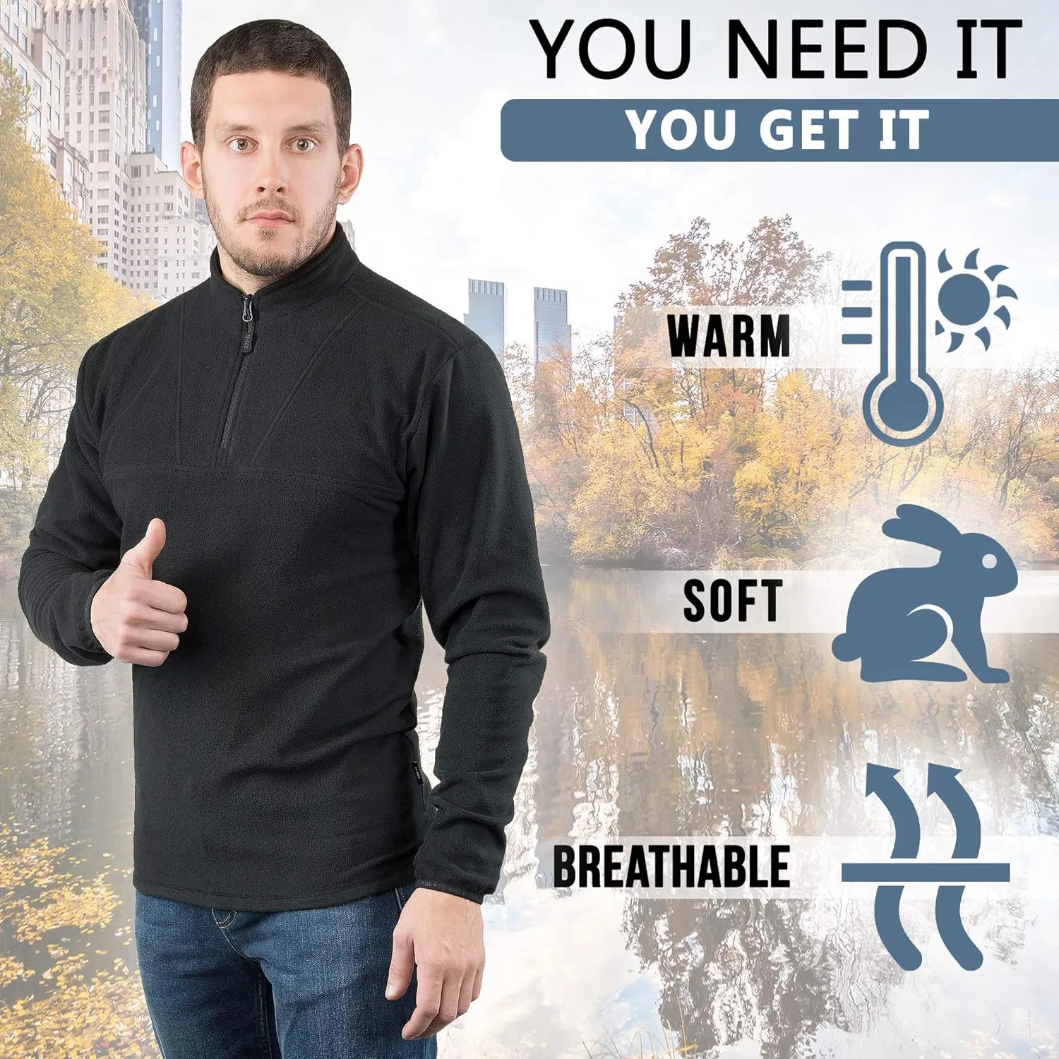 M-Tac Quarter Zip Pullover Men - Fleece Lined Thermal Shirt for Men - Lightweight Tactical Long Sleeve Shirt Top Delta